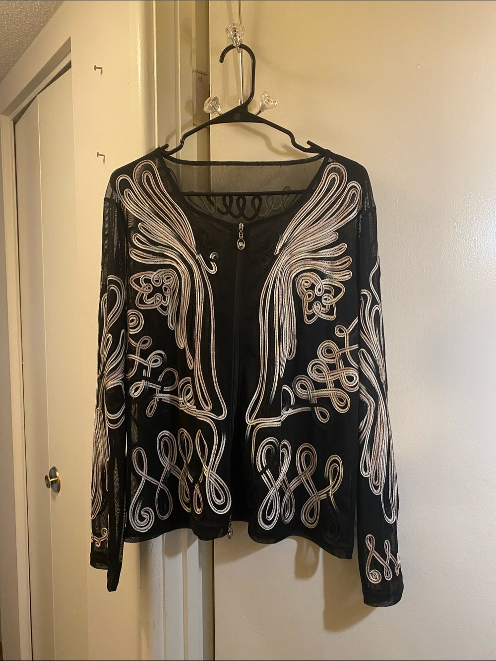 Tori-Fi Black Embroidered Mesh Zip-Front Women’s Sweater